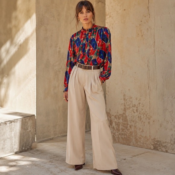 Yves St. Clair Tops - Yves St. Clair Vintage Abstract Geometric Mock Neck Blouse Red Blue Gold Size 8